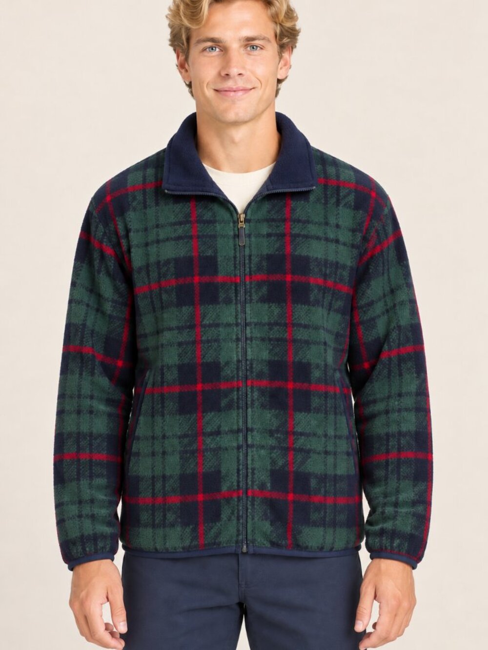 Izod Vintage Green and Red Plaid Fleece Full Zip Jacket Men's Size Large Y2K